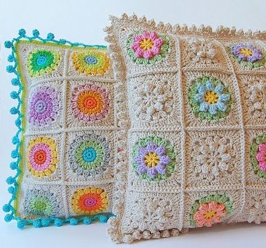 cojines cuadrados tejidos a crochet muestras de flores
